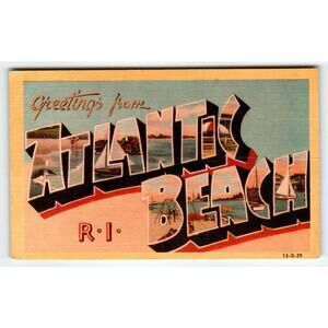 Greetings From Atlantic Beach Rhode Island Large Letter Postcard Linen Dexter